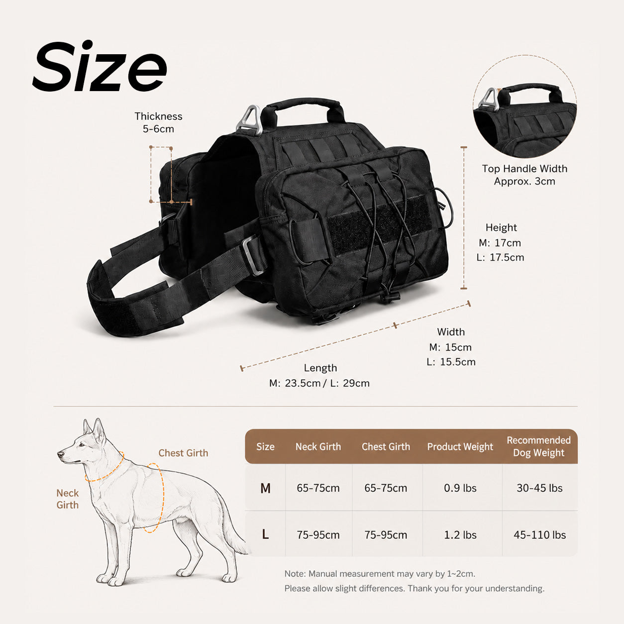 Size chart and dimensions of a tactical dog hiking pack, with chest girth measurements and recommended dog weights.
