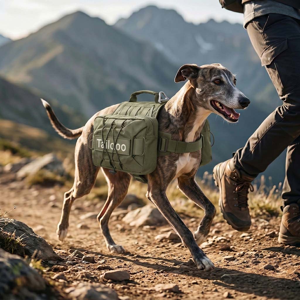 A greyhound wearing a Tailooo black dog hiking pack running on a rocky mountain trail with its owner, showing outdoor adventure use.