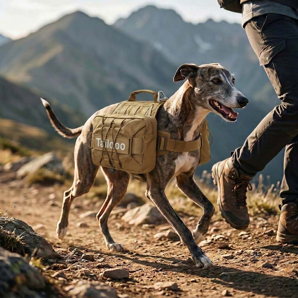 A greyhound wearing a Tailooo black dog hiking pack running on a rocky mountain trail with its owner, showing outdoor adventure use.