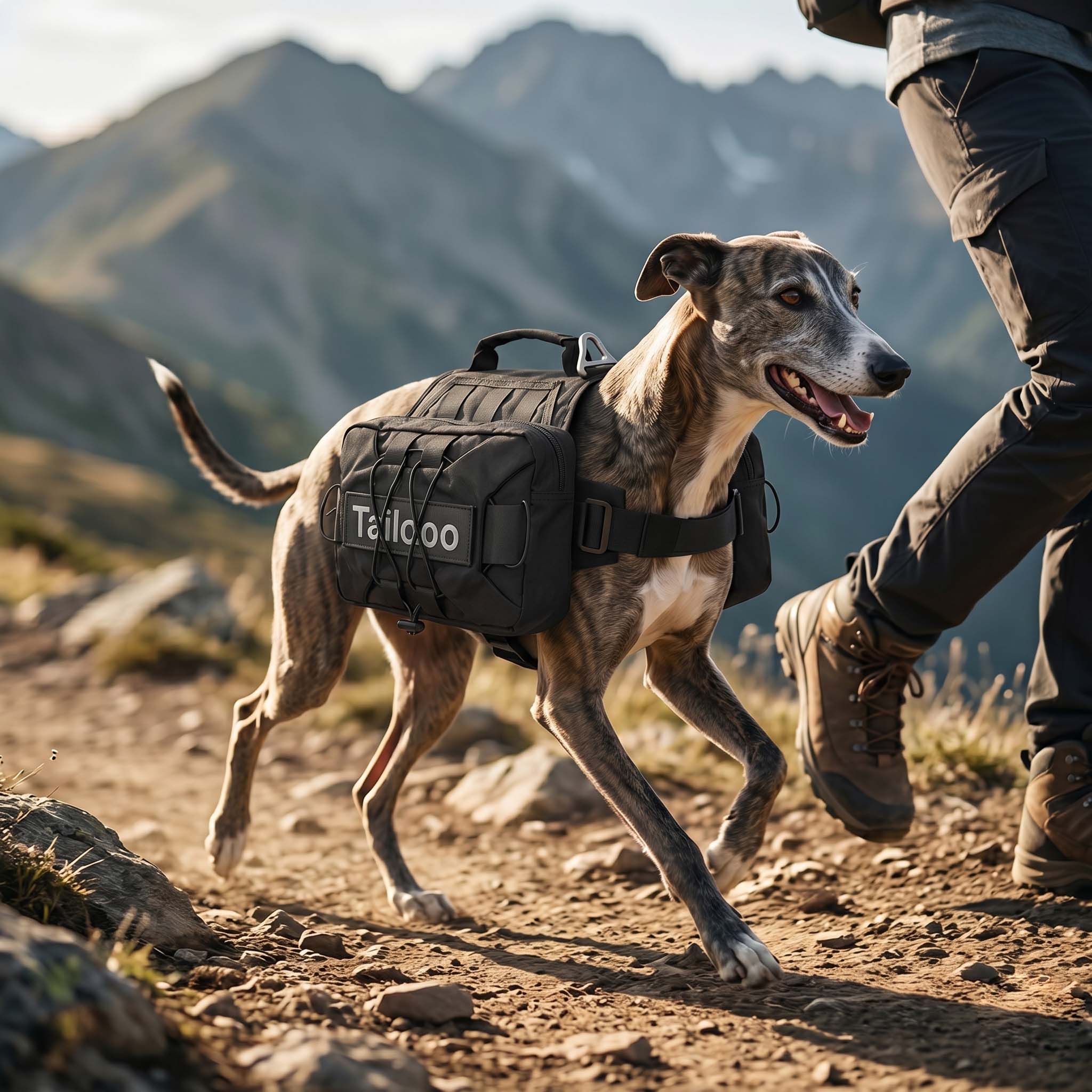 A greyhound wearing a Tailooo black dog hiking pack running on a rocky mountain trail with its owner, showing outdoor adventure use.