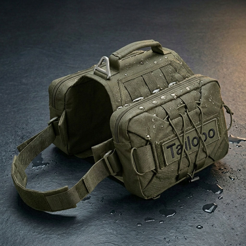 Tailooo black dog hiking pack covered in water droplets on a wet dark surface, showing waterproof oxford fabric and MOLLE webbing construction.