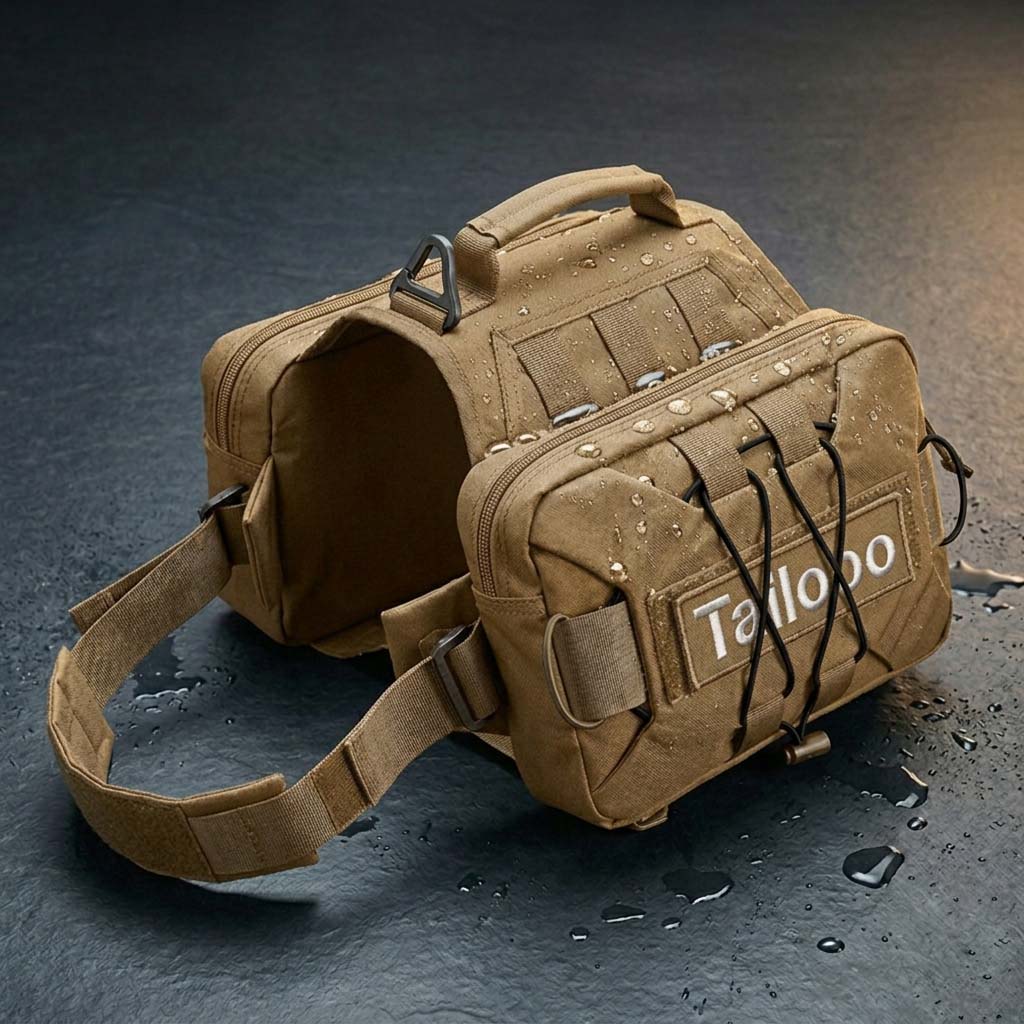 Tailooo black dog hiking pack covered in water droplets on a wet dark surface, showing waterproof oxford fabric and MOLLE webbing construction.