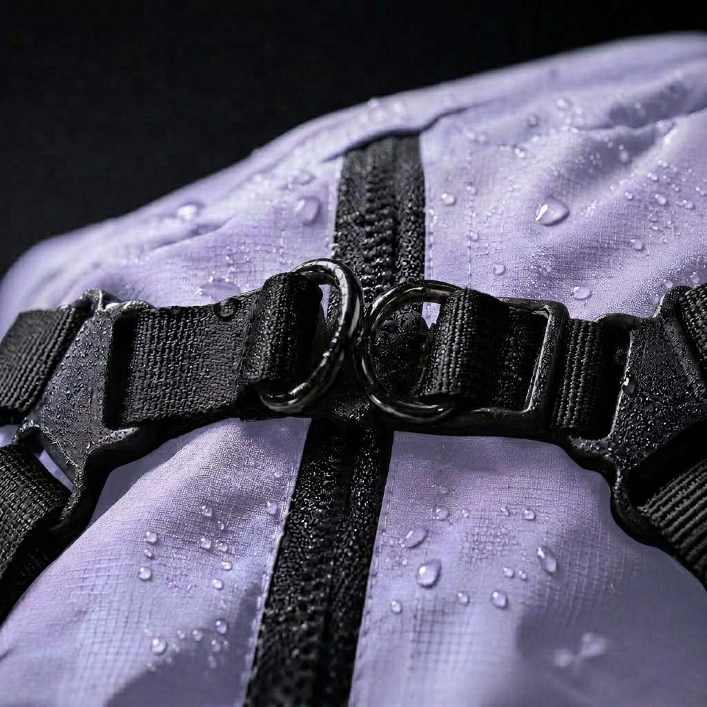 Close-up of a chest harness D-ring and strap buckle on a waterproof dog jacket, designed for secure leash attachment and anti-escape control.