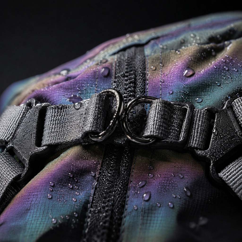 Close-up of a chest harness D-ring and strap buckle on a waterproof dog jacket, designed for secure leash attachment and anti-escape control.