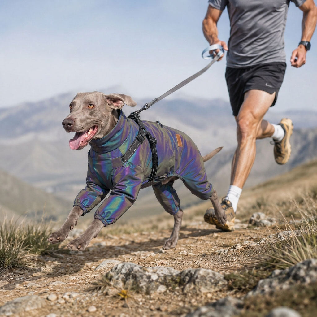 A man trail running on a mountain path with a large dog wearing a holographic waterproof jacket on a leash, showing outdoor active lifestyle use.