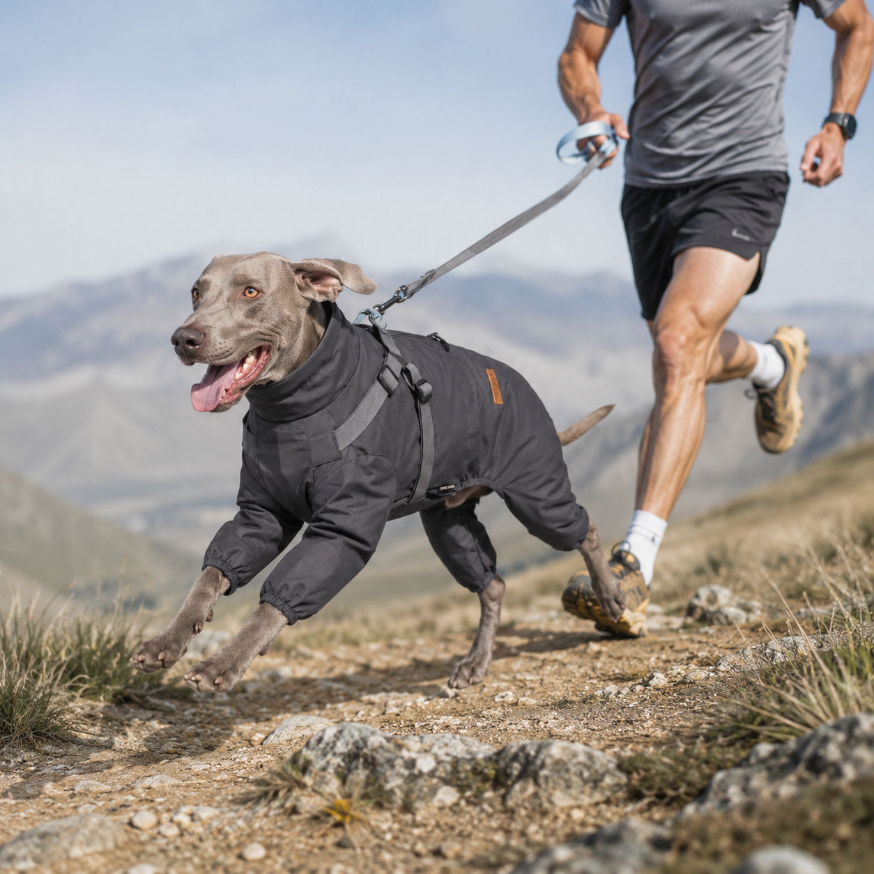 A man trail running on a mountain path with a large dog wearing a black waterproof jacket on a leash, showing outdoor active lifestyle use.