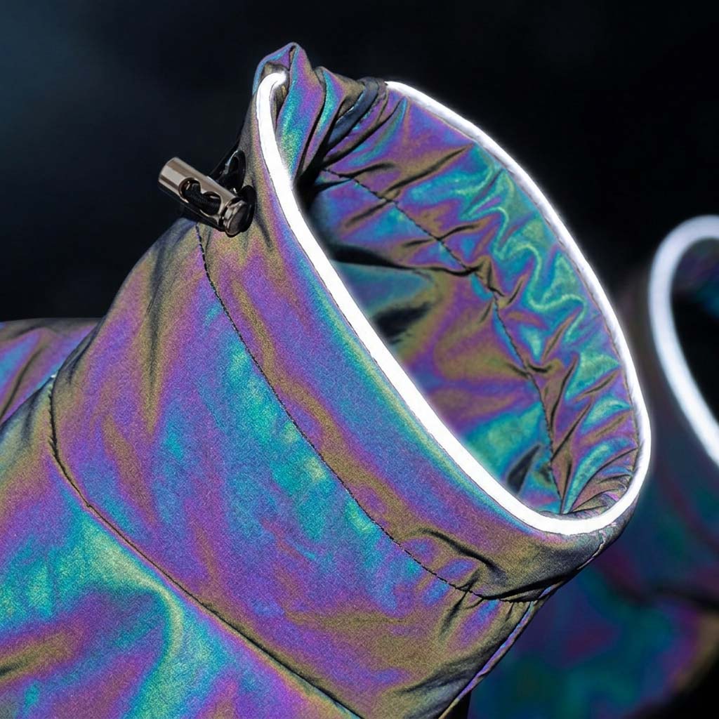 Holographic dog jacket collar opening with a glowing full-circle reflective trim on dark background, highlighting night safety visibility design.