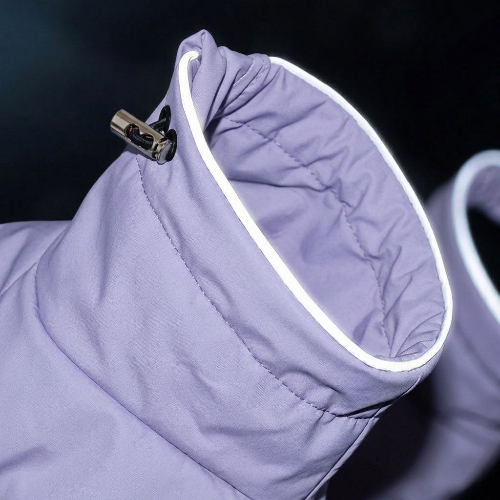 Purple dog jacket collar opening with a glowing full-circle reflective trim on dark background, highlighting night safety visibility design.