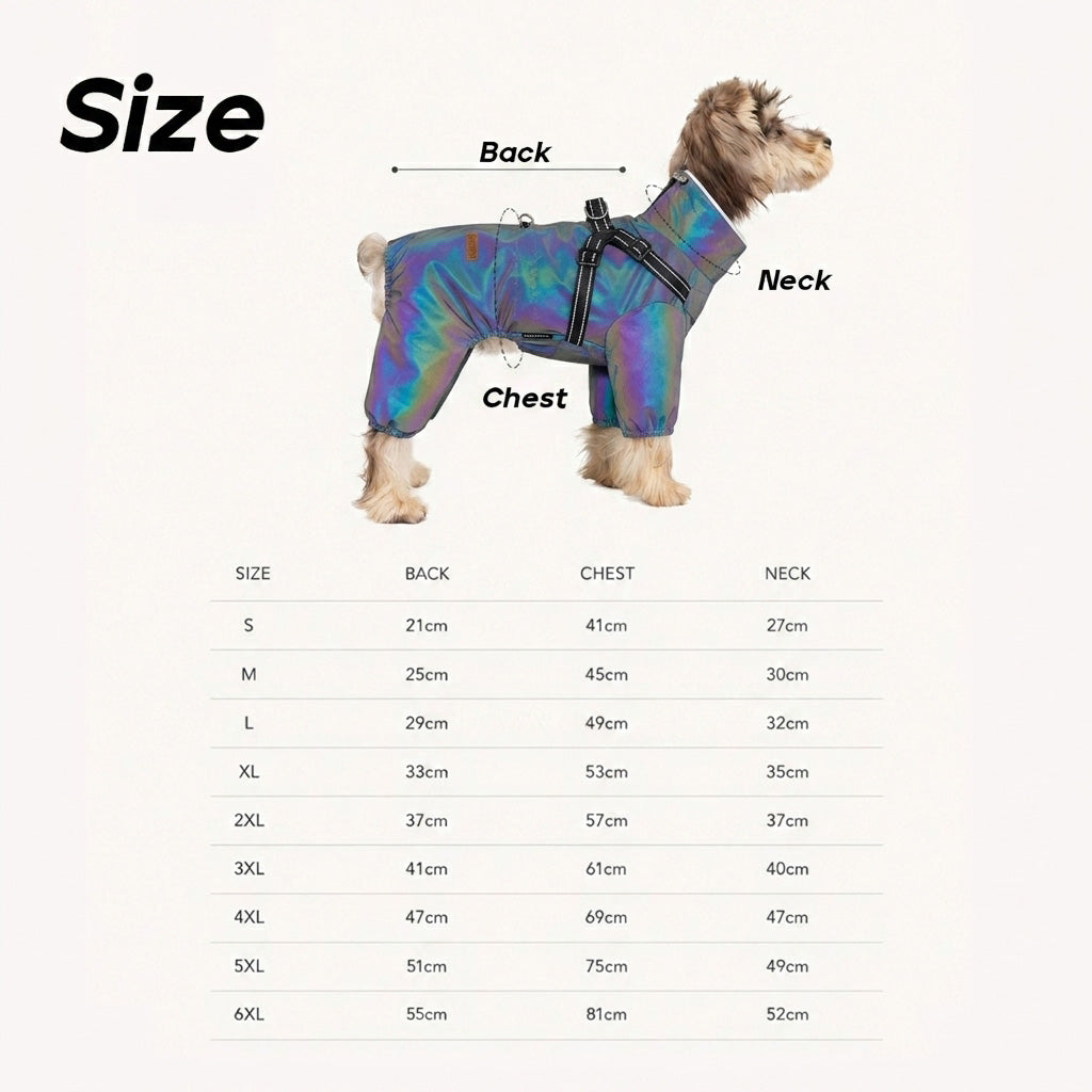 Dog jacket size chart showing back length, chest girth, and neck girth measurements for sizes S to 6XL, with a dog wearing the jacket as a fitting reference. (Holographic)