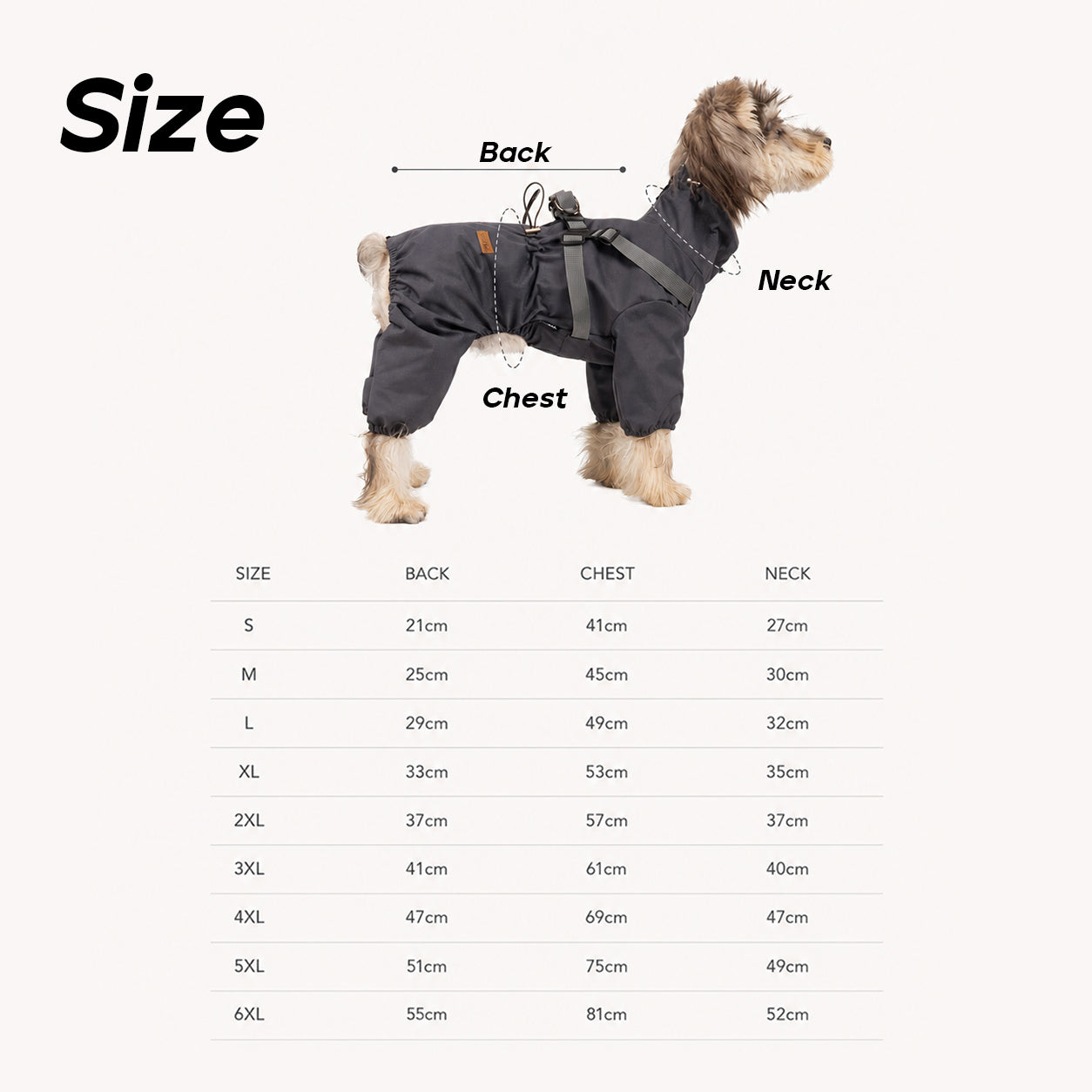 Dog jacket size chart showing back length, chest girth, and neck girth measurements for sizes S to 6XL, with a dog wearing the jacket as a fitting reference.
