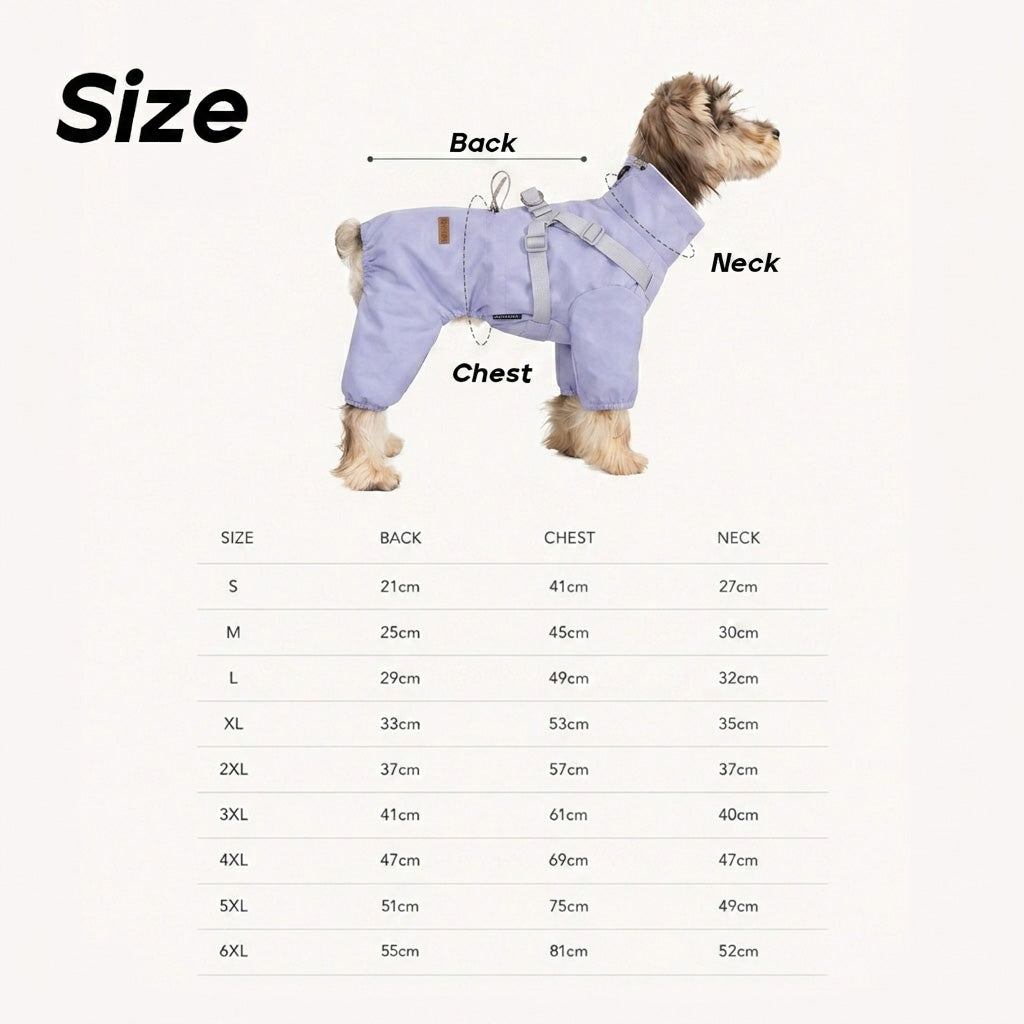 Dog jacket size chart showing back length, chest girth, and neck girth measurements for sizes S to 6XL, with a dog wearing the jacket as a fitting reference. (Purple)