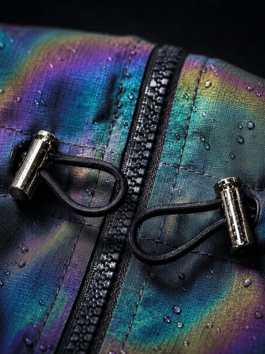 Close-up of elastic drawstring cord and metal toggles on a waterproof dog jacket, showing adjustable waist fit for different dog body shapes.Holographic