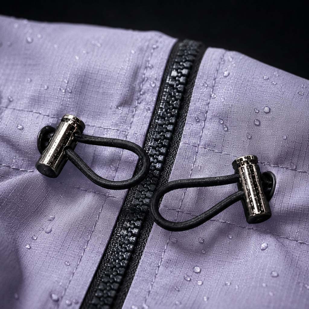 Close-up of elastic drawstring cord and metal toggles on a waterproof dog jacket, showing adjustable waist fit for different dog body shapes. Purple