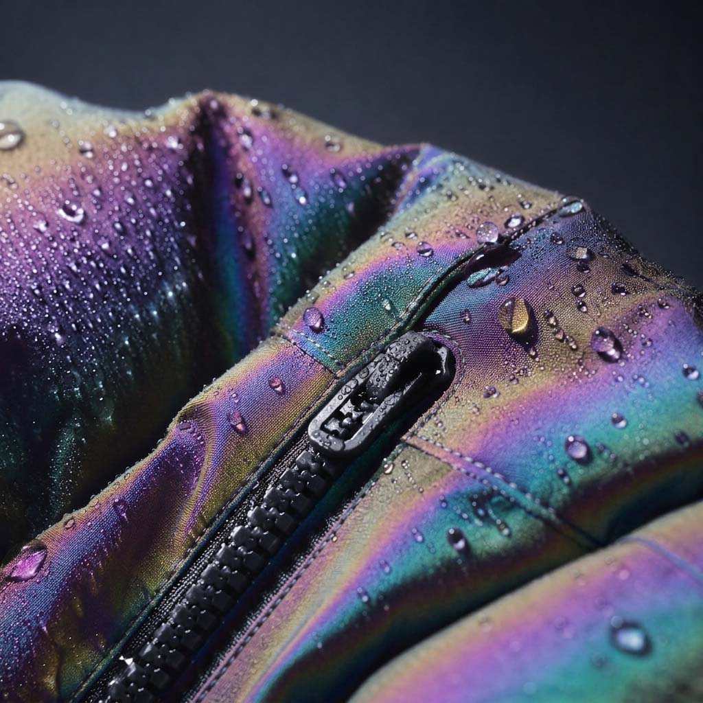 Close-up of a waterproof dog jacket covered in rain droplets, showing the waterproof zipper and water-resistant outer shell fabric.