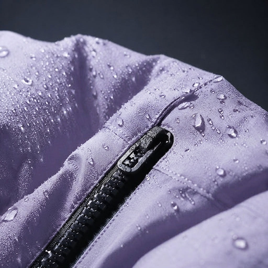 Close-up of a waterproof dog jacket covered in rain droplets, showing the waterproof zipper and water-resistant outer shell fabric.