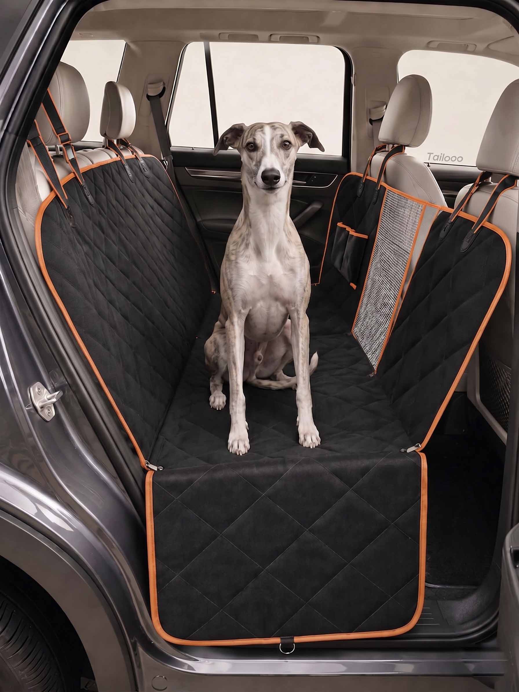 Dog Car Seat Cover for SUV travel creates a spacious back seat area for dogs while protecting the car interior from everyday mess