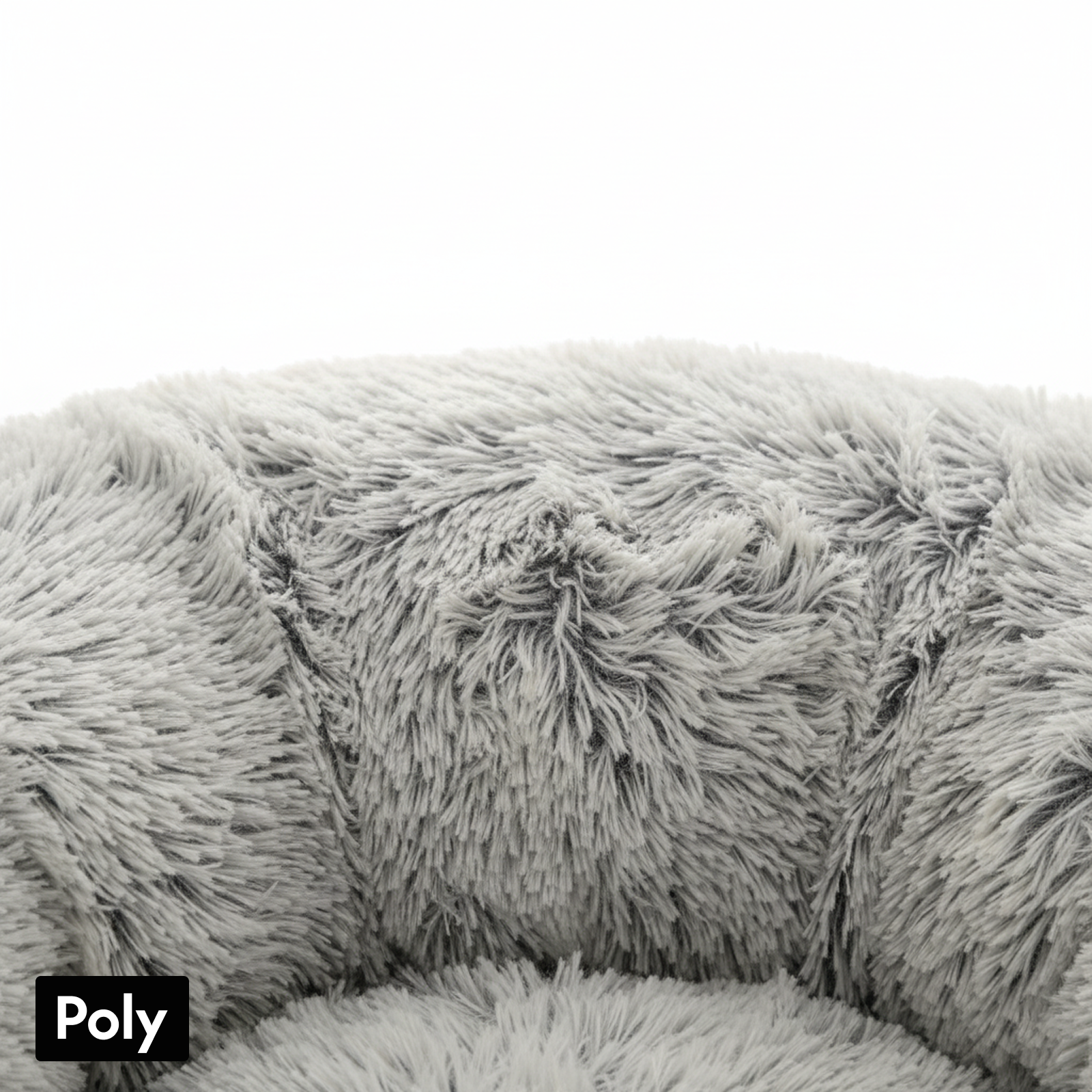 Close-up of soft, fluffy grey pet bed made of polyester fabric, cozy and plush texture.