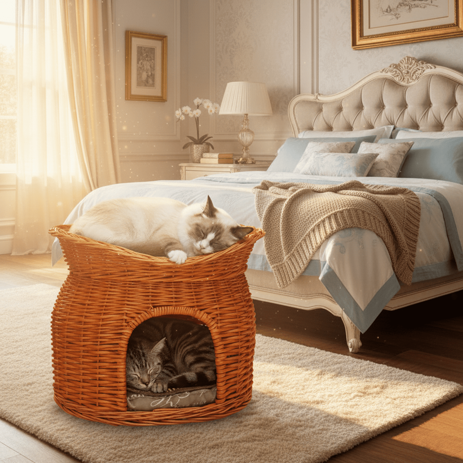 Handwoven Rattan Cat House – Two-Tier Natural Wicker Bed for Multiple Cats | Eco-Friendly Pet Furniture