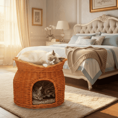 Handwoven Rattan Cat House – Two-Tier Natural Wicker Bed for Multiple Cats | Eco-Friendly Pet Furniture