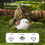 Infographic showing 3 flapping modes of the flying bird cat toy, touch-activated by paw for a versatile and interactive hunting experience.