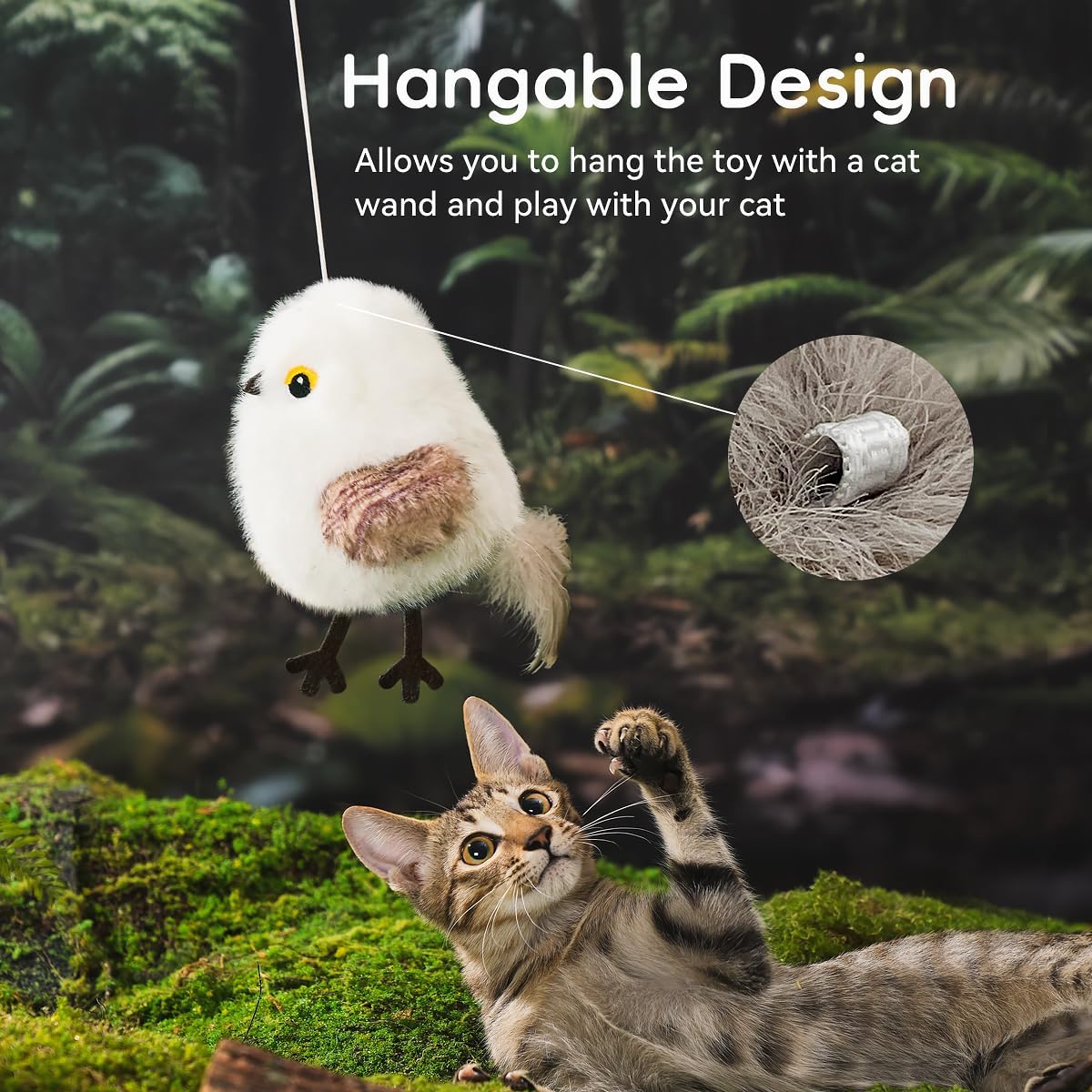  A happy moment of a cat playing with the flapping bird toy, showcasing social proof and making it the perfect gift for owners.