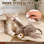 Motion-activated flying bird cat toy runs for 18 seconds and enters standby mode to save battery until triggered again.