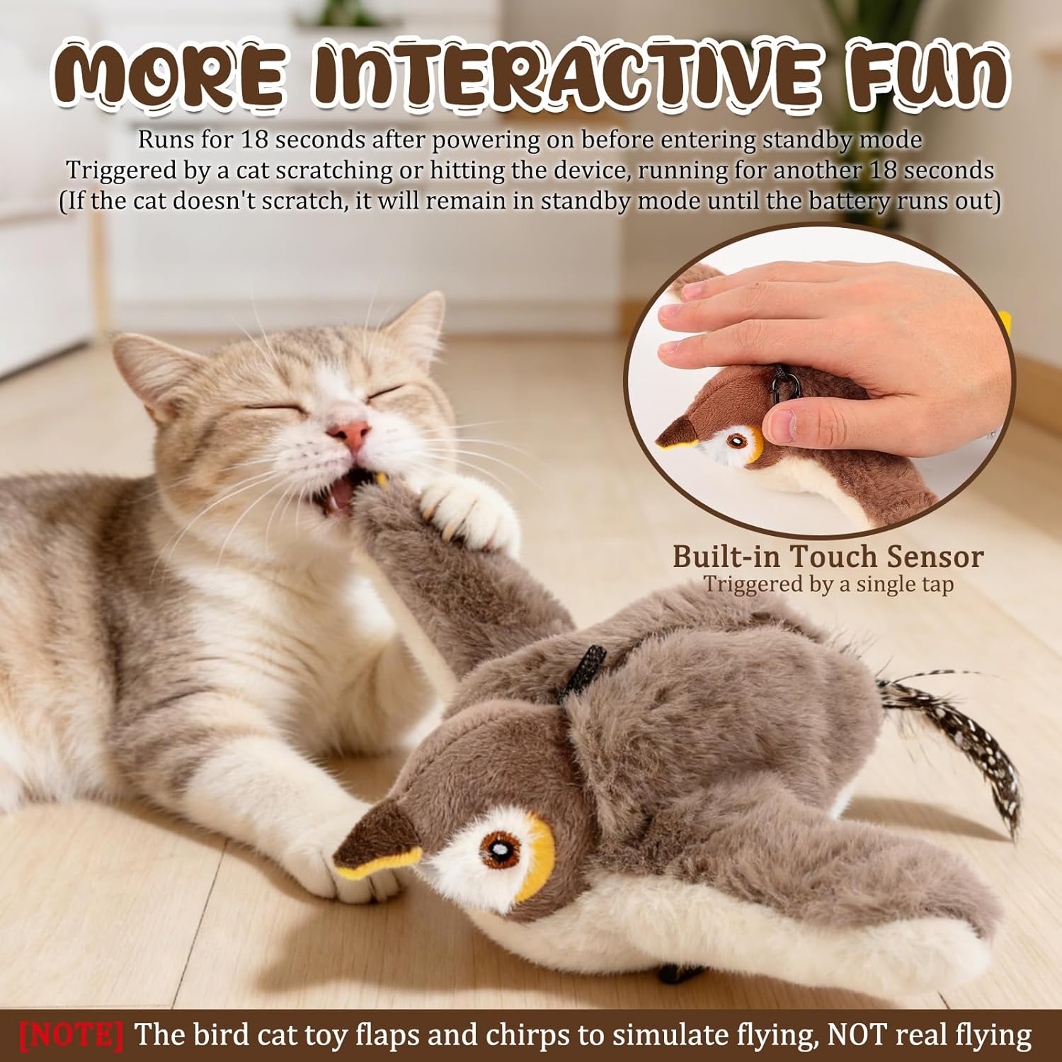Motion-activated flying bird cat toy runs for 18 seconds and enters standby mode to save battery until triggered again.
