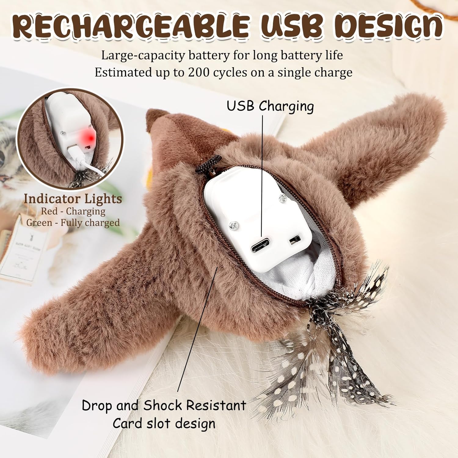 High-capacity battery for the flying bird cat toy providing up to 200 play cycles on a single charge.