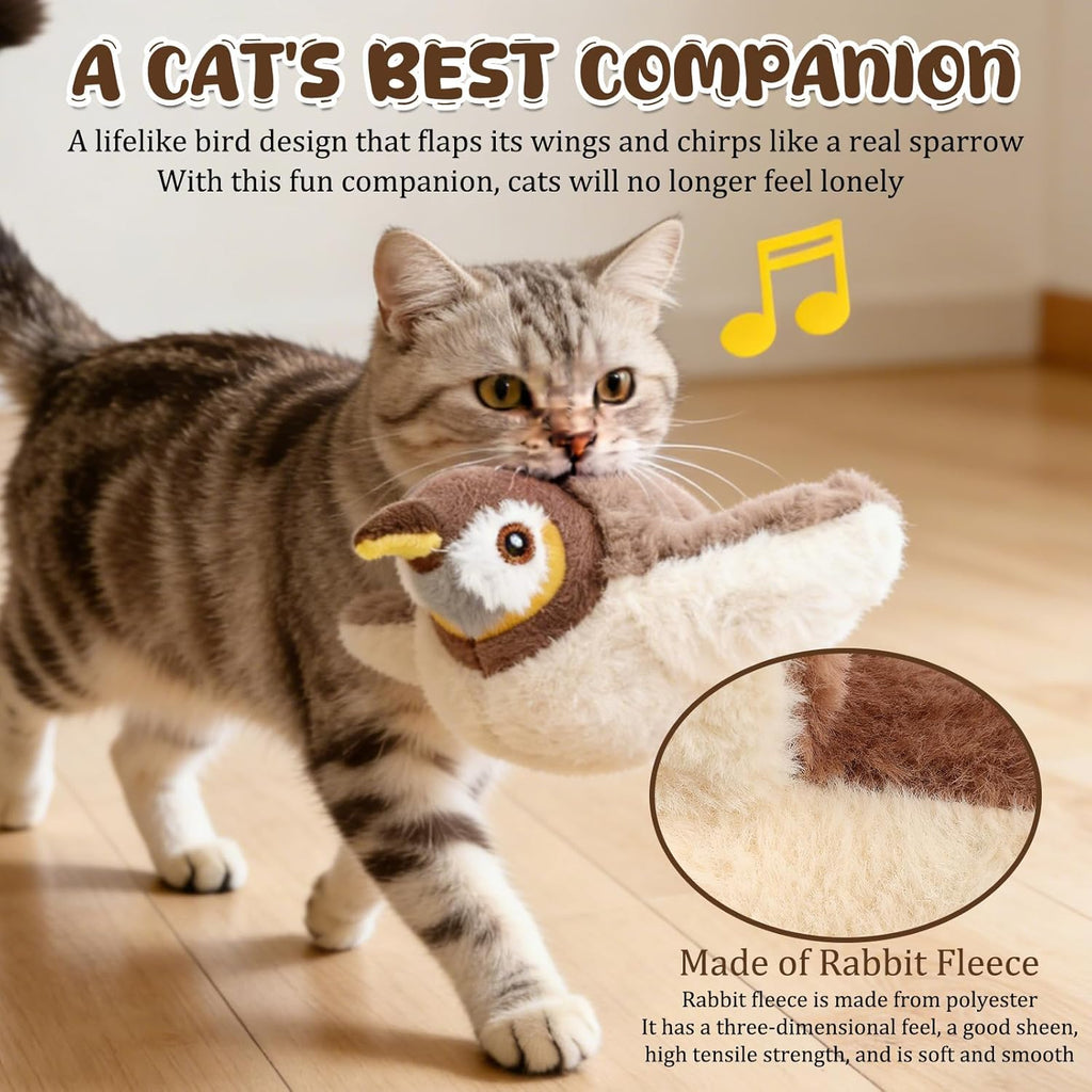 Lifelike flying bird cat toy that flaps and chirps like a real sparrow to keep indoor cats from feeling lonely.