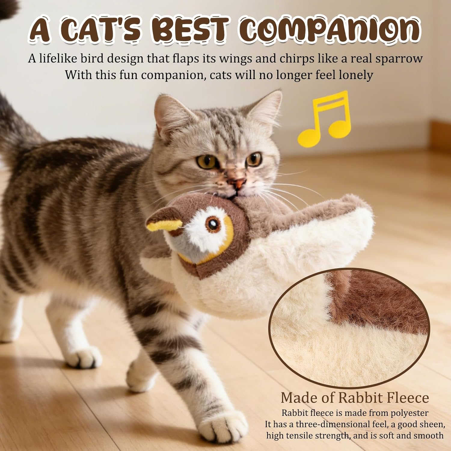 Lifelike flying bird cat toy that flaps and chirps like a real sparrow to keep indoor cats from feeling lonely.