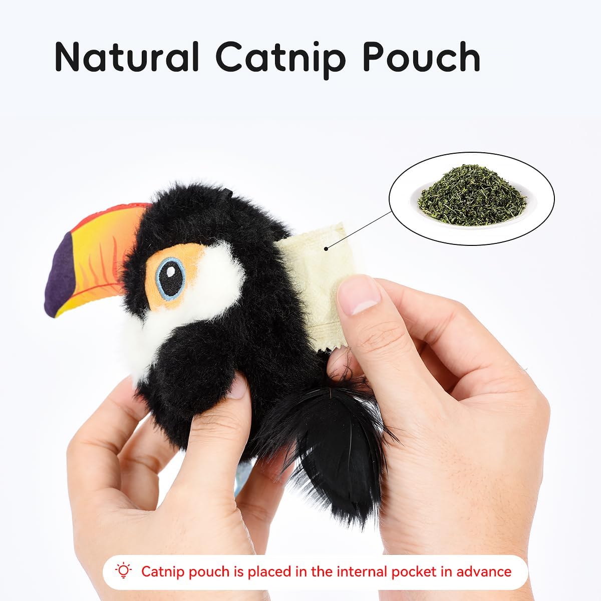 Interior view of the flying bird cat toy showing the natural catnip pouch. The refillable design attracts cats, reduces anxiety, and boosts interactive fun.