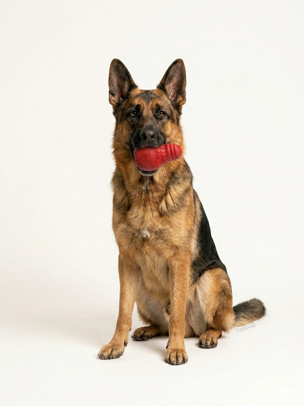 German Shepherd sitting with a tough red dog chew toy in its mouth, a long-lasting chew toy for large dogs.