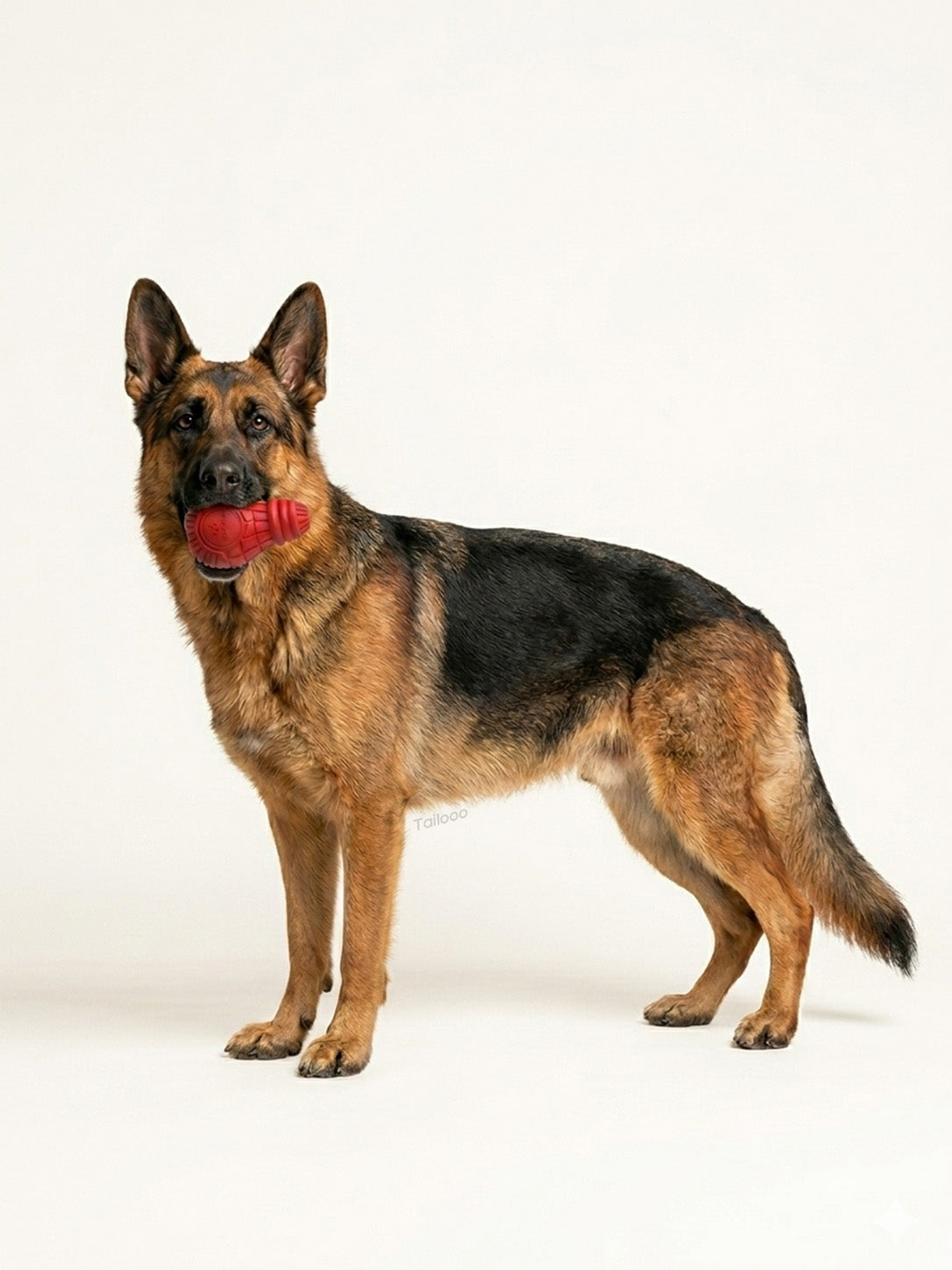 German Shepherd standing with a red Tailooo dog chew toy in its mouth, a versatile toy for chewing, fetching and comfort.