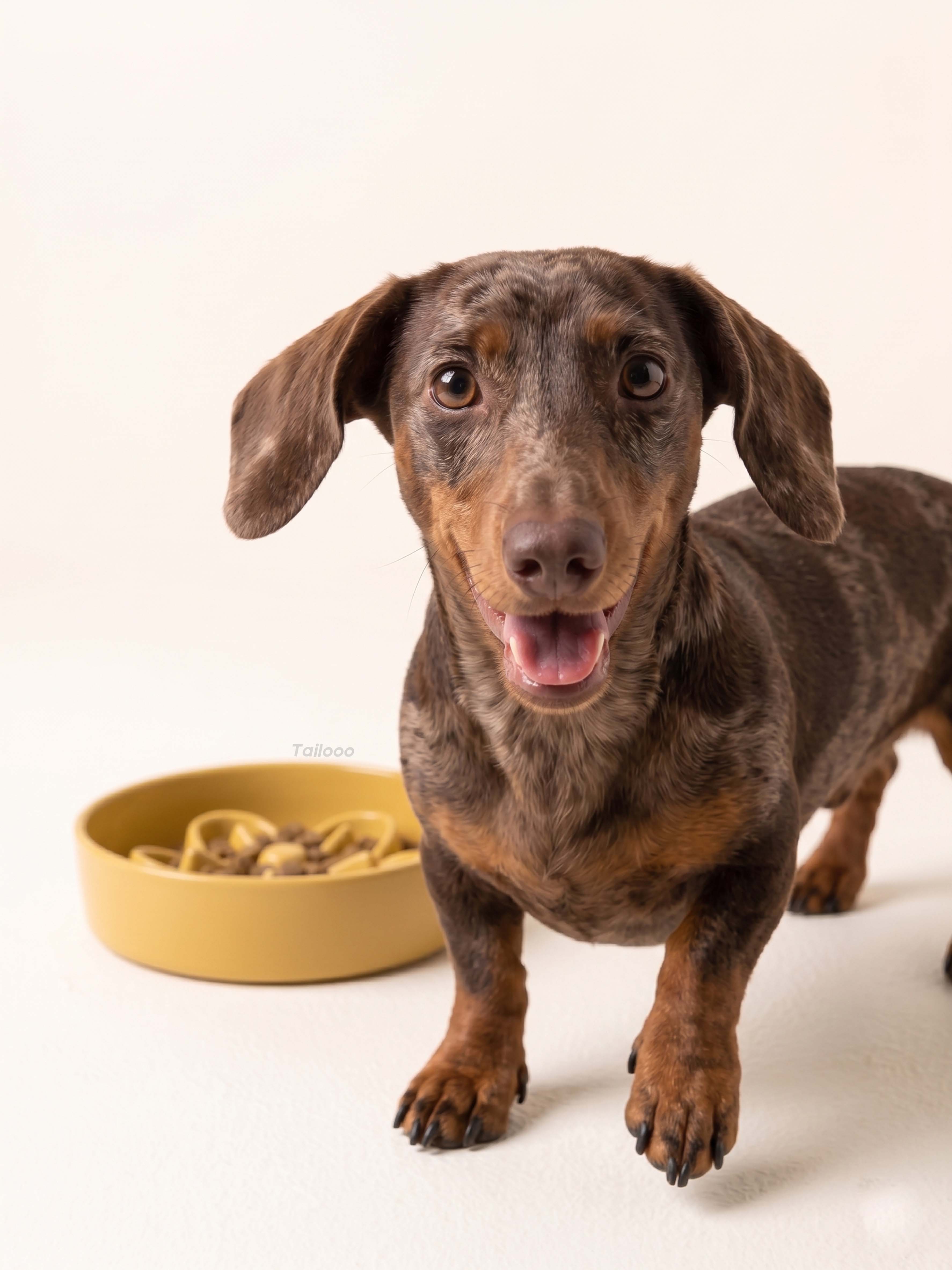 Happy dachshund with a ceramic slow feeder dog bowl in the background, showcasing a stylish and practical dog bowl.