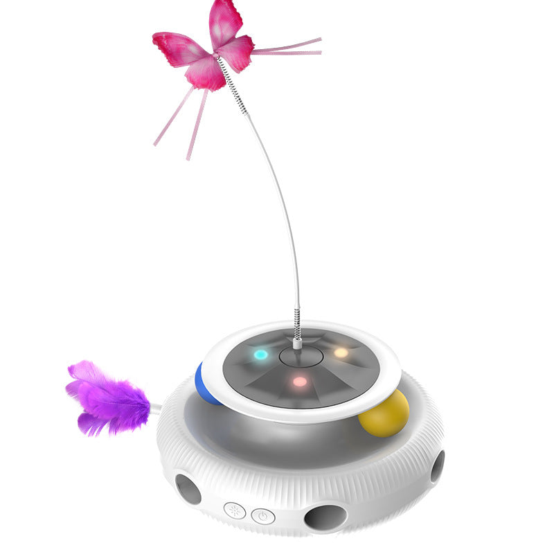 Smart interactive cat toys with automatic rotating turntable and multifunctional white minimalist design for indoor pets.