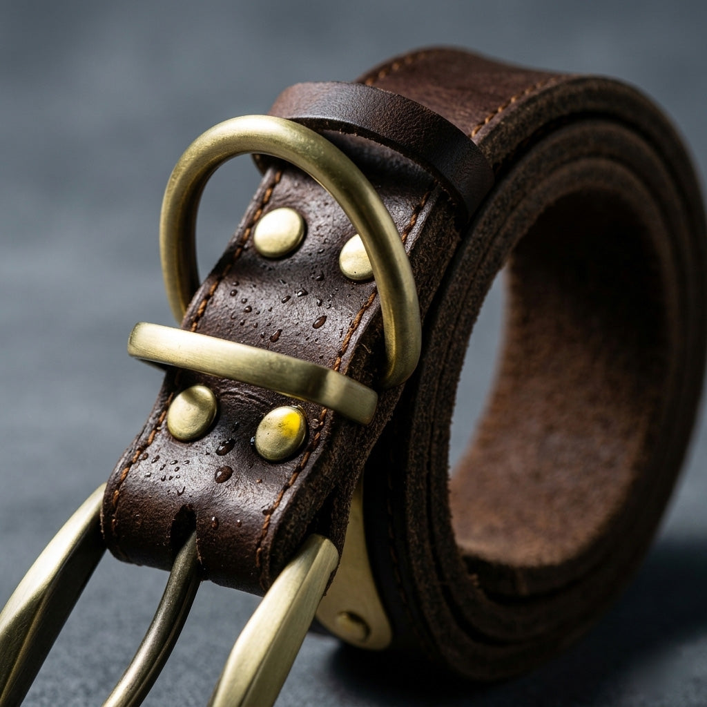 Close-up of Tailooo leather dog collar showing solid brass D-ring and roller buckle with brass rivets on dark brown genuine leather with visible natural grain texture.