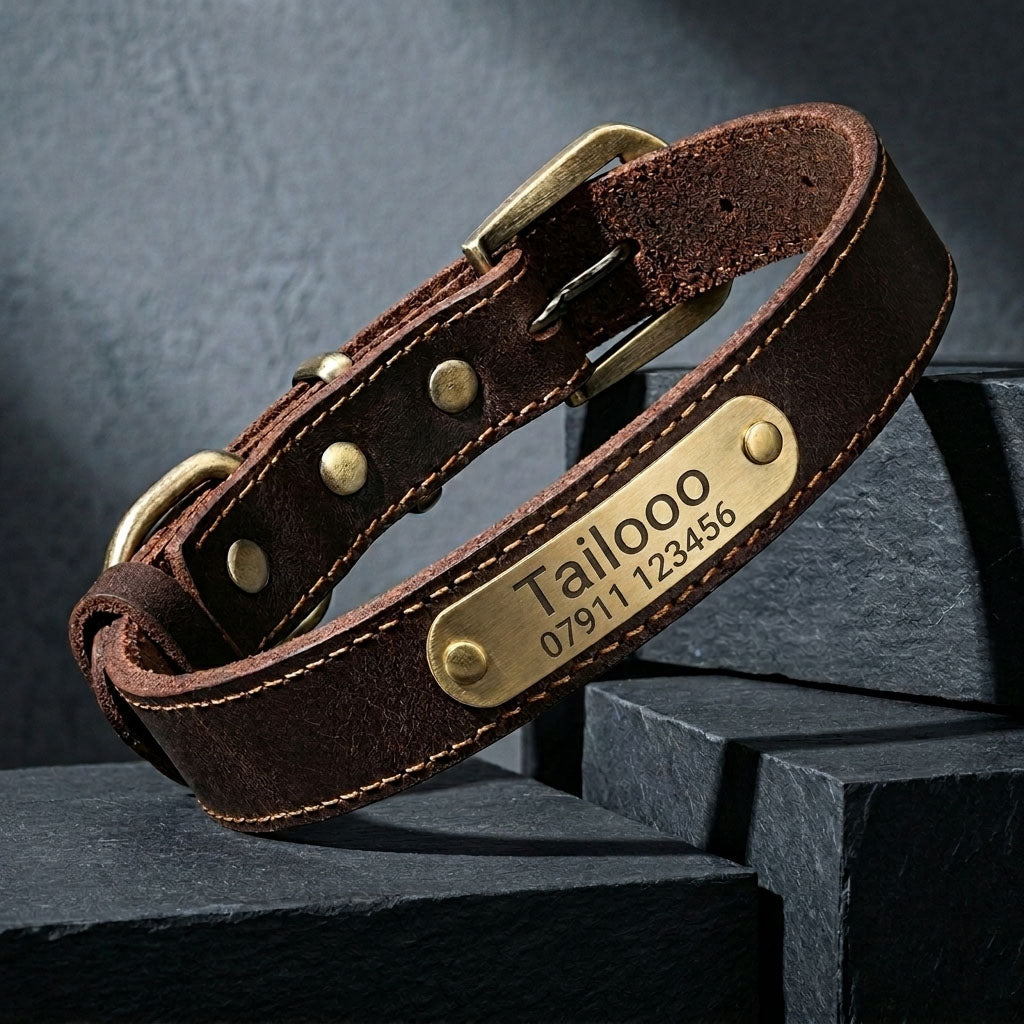 Tailooo dark brown leather dog collar with engraved brass ID plate, solid brass rivets, and double-stitched edges displayed on dark stone blocks, showcasing premium build quality.