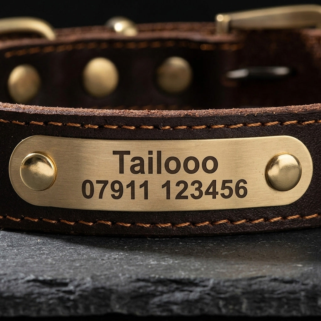 Close-up of Tailooo leather dog collar brass ID plate laser engraved with pet name and phone number, showing clear deep engraving on brushed brass surface.
