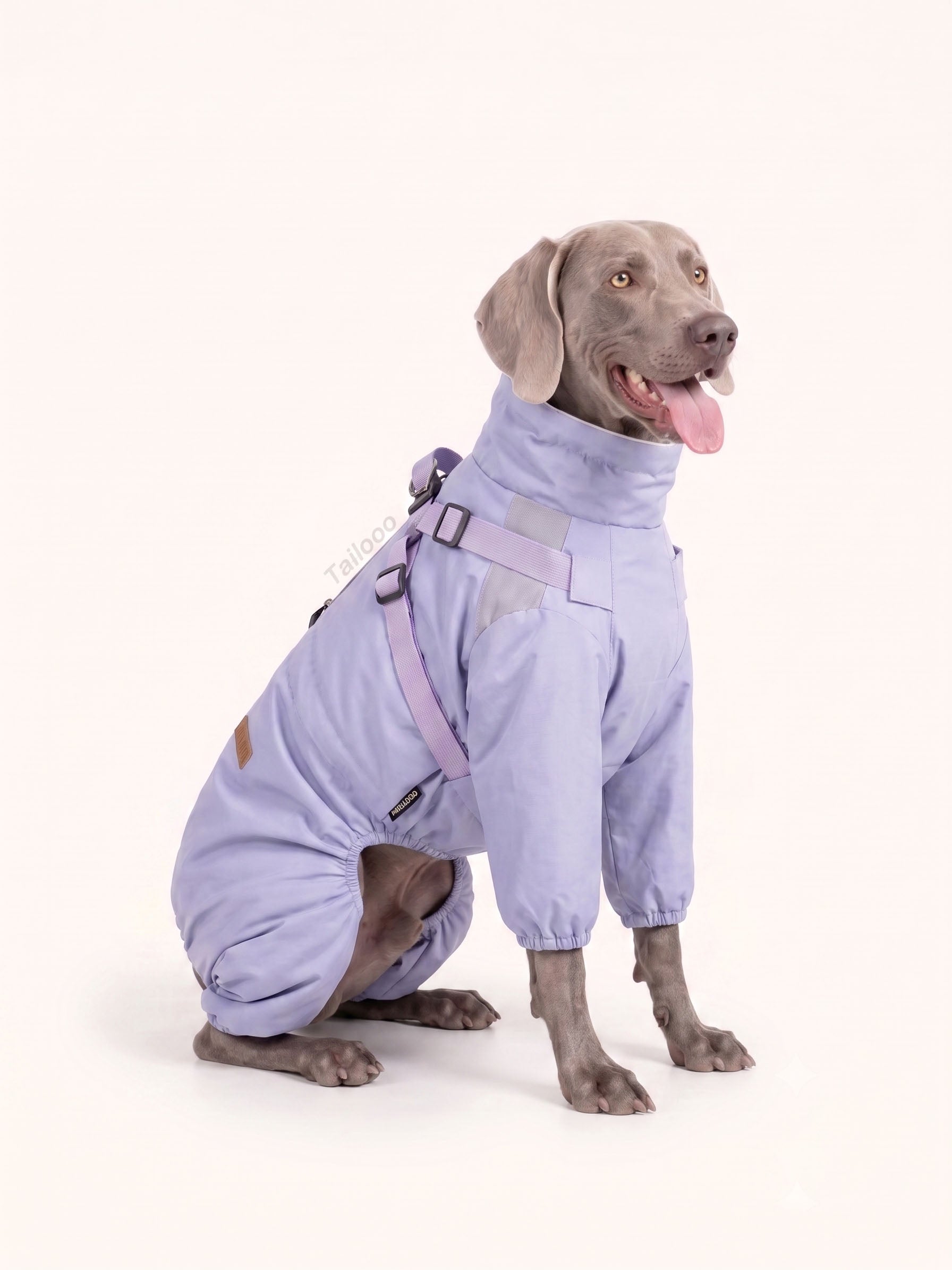 Weimaraner sitting while wearing a lavender dog walking coat with harness straps