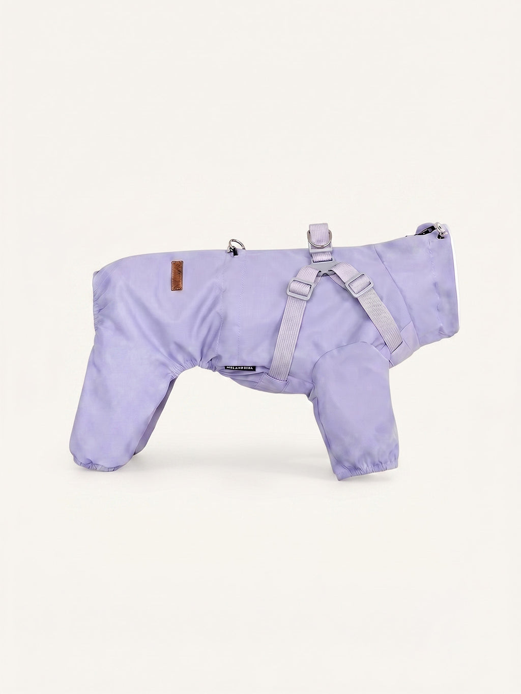 Side view of a lavender dog walking coat showing adjustable harness straps and zip closure