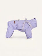 Side view of a lavender dog walking coat showing adjustable harness straps and zip closure