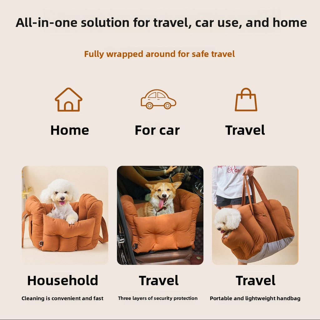 Close-up of the portable dog car seat featuring scratch-resistant, breathable fabric and heavy-duty adjustable straps.