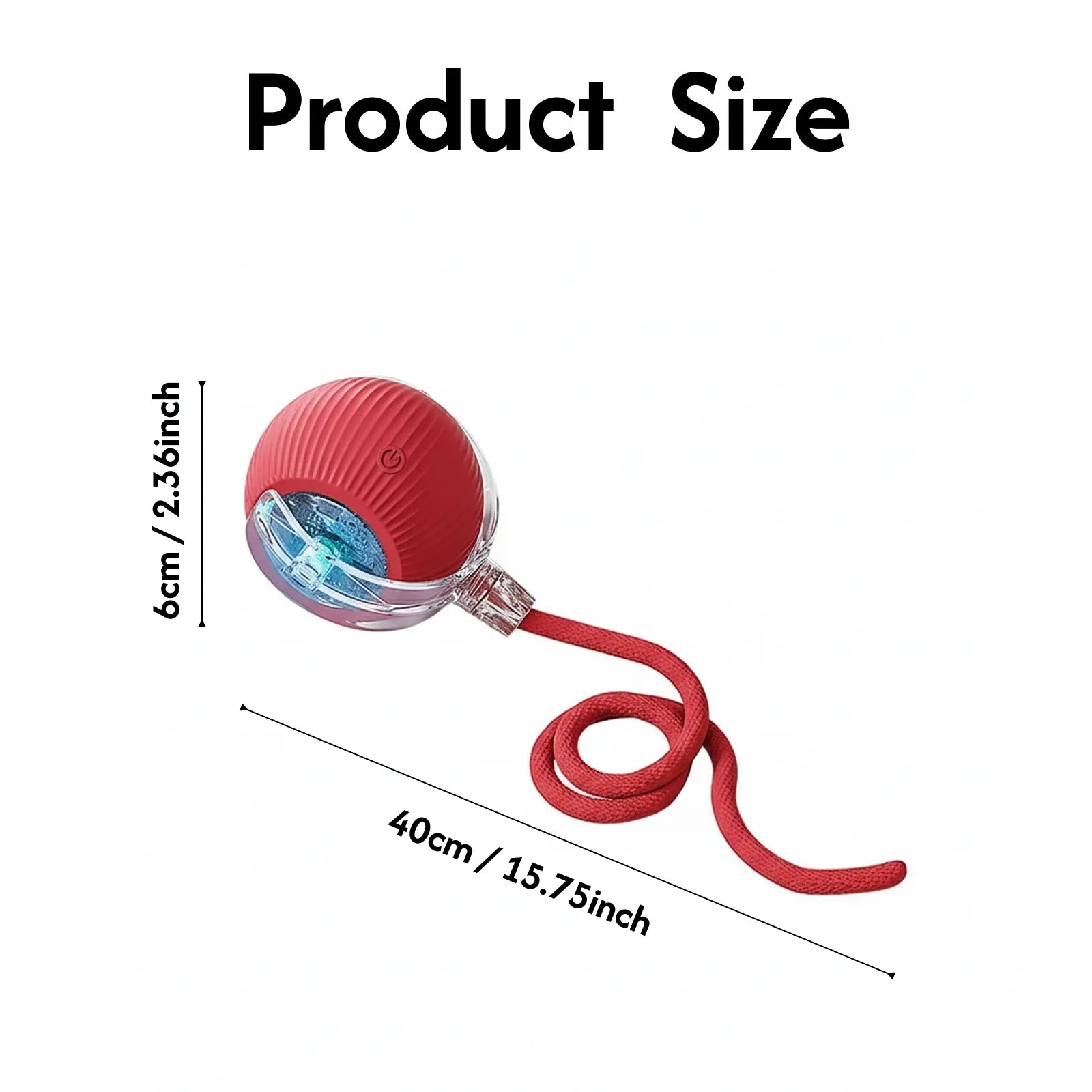 Size guide for the active rolling ball with tail, showing its portable dimensions suitable for small to medium-sized dog breeds.
