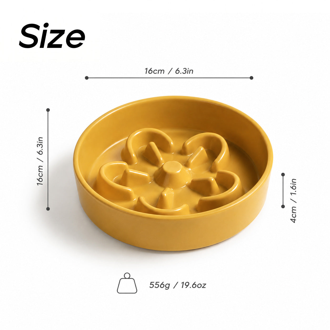 Ceramic slow feeder dog bowl size diagram showing 16cm diameter, 4cm height, and 556g weight on white background.