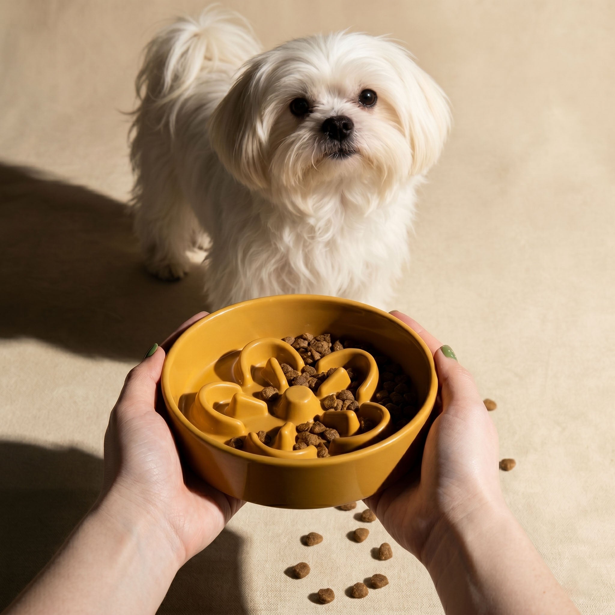 Person holding a yellow ceramic slow feeder bowl with dog food inside while a fluffy white dog looks on happily.