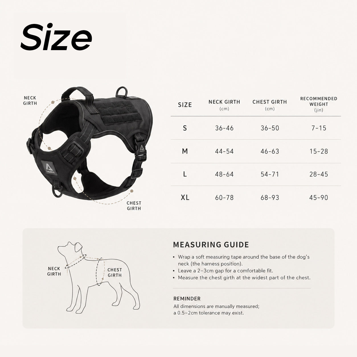 Dog harness size chart with neck girth, chest girth and recommended weight, plus measuring guide for a perfect fit.
