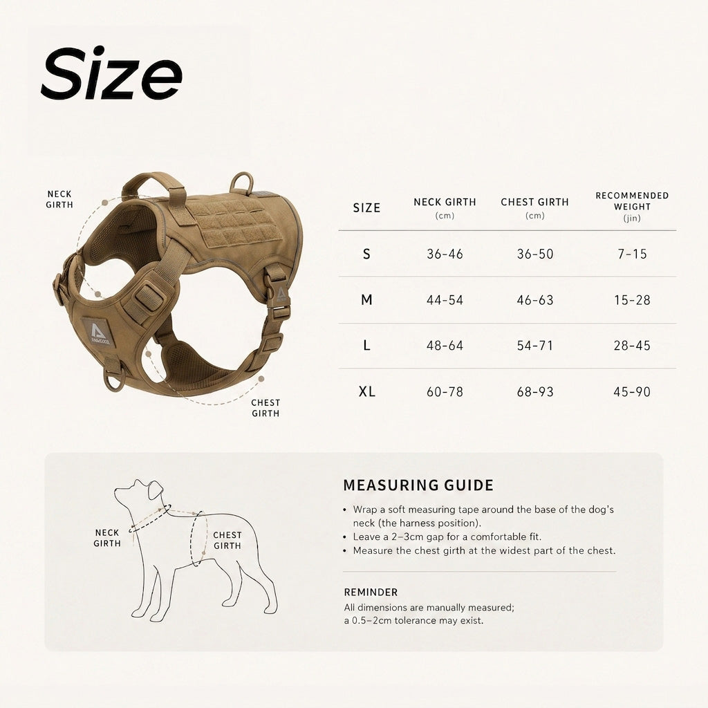 Dog harness size chart with neck girth, chest girth and recommended weight, plus measuring guide for a perfect fit.