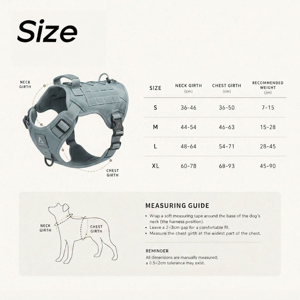 Dog harness size chart with neck girth, chest girth and recommended weight, plus measuring guide for a perfect fit.