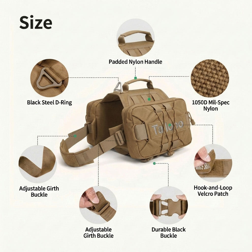 Tactical dog hiking pack feature diagram, durable 1050D nylon dog pack with padded handle, adjustable straps and steel D-ring for outdoor hiking trips.