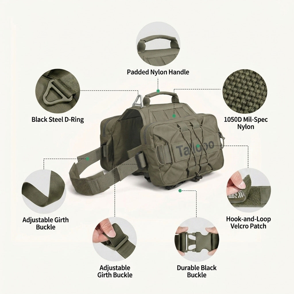 Tactical dog hiking pack feature diagram, durable 1050D nylon dog pack with padded handle, adjustable straps and steel D-ring for outdoor hiking trips.